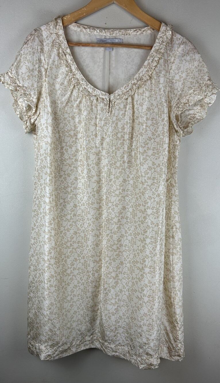 VTG Y2k Old Navy Silk Dress Maxi Sz L Beige White Floral Ruffle Neck Cottagecore